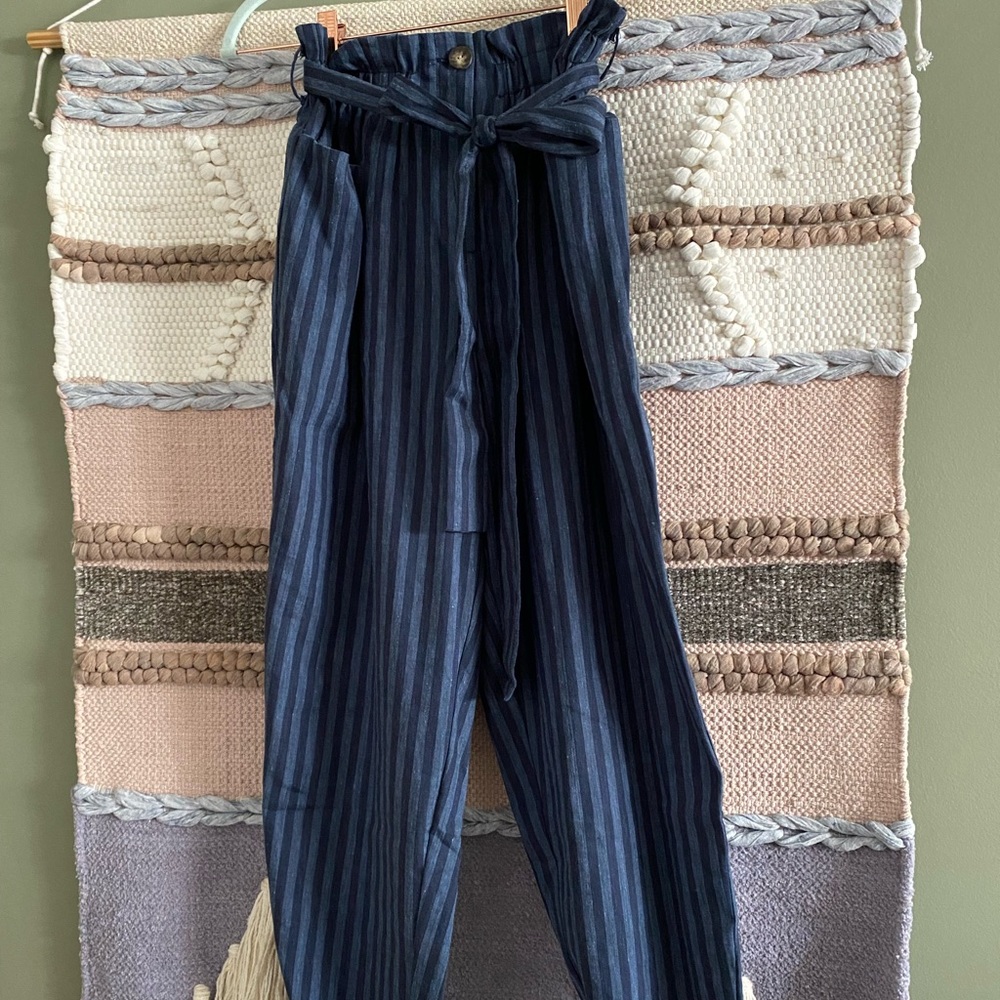 Navy Pinstriped Paperbag Linen Pants